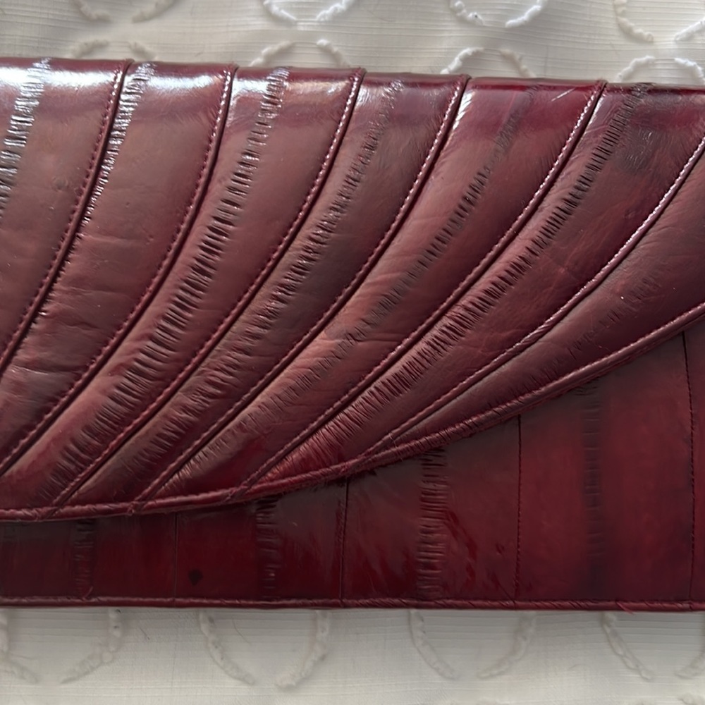 Vintage 70s RARE Eel Skin Leather Maroon Shoulder Bag Purse - Picture 2 of 7